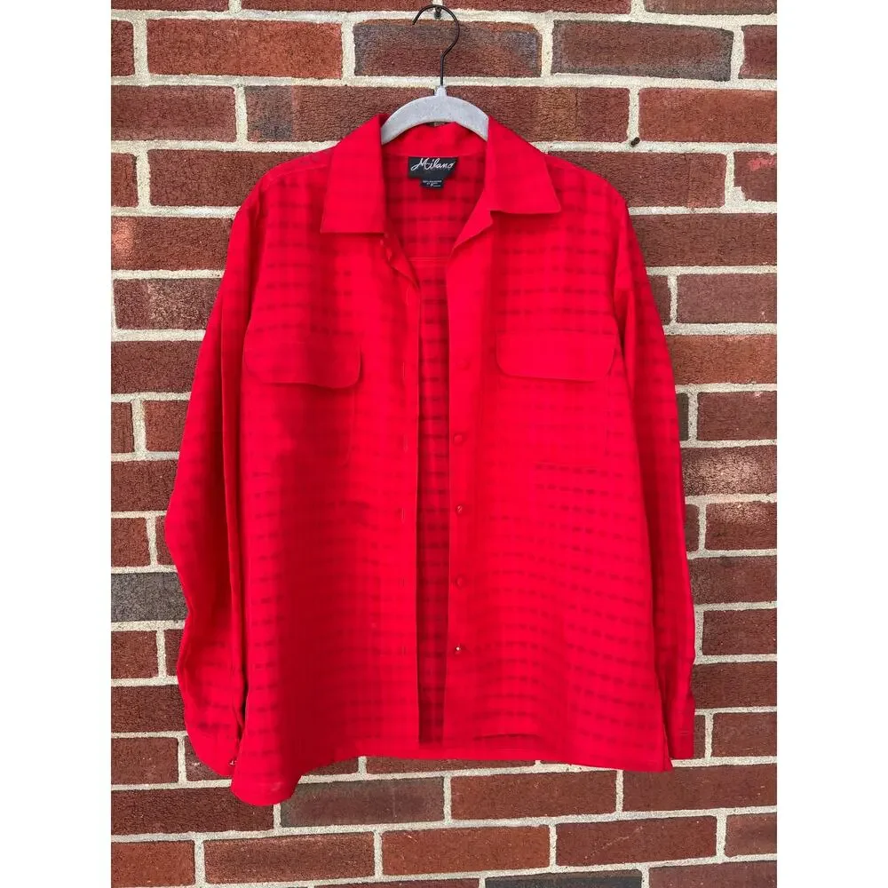 Milano Red Checkered Button Front Blouse Shirt Women Small Long Sleeve Vintage - Picture 3 of 9